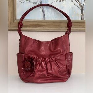 Brighton vintage Jen maroon red leather shoulder bag with an accent flower